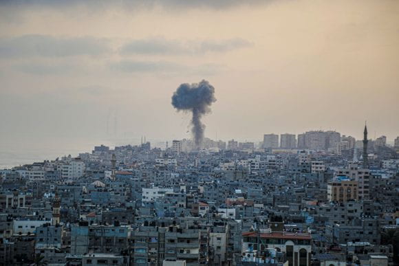 A column of smoke resulting from the Israeli bombing of the Gaza Strip